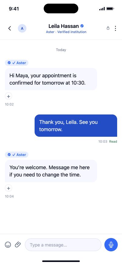 Simulated customer phone: Leila Hassan at verified institution Aster confirms an appointment and replies to Maya.