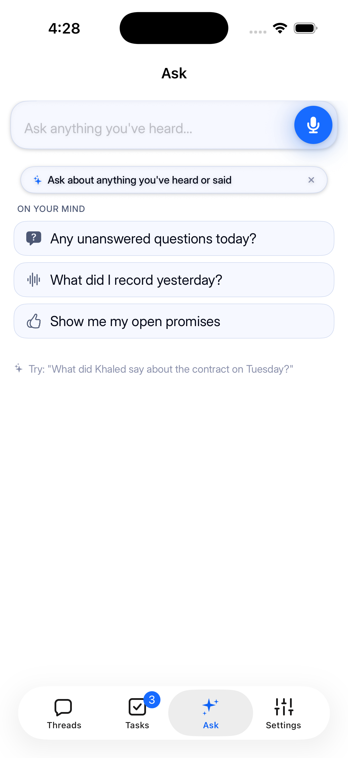 Actual iOS capture: The actual Ask screen, with voice input and suggested questions.