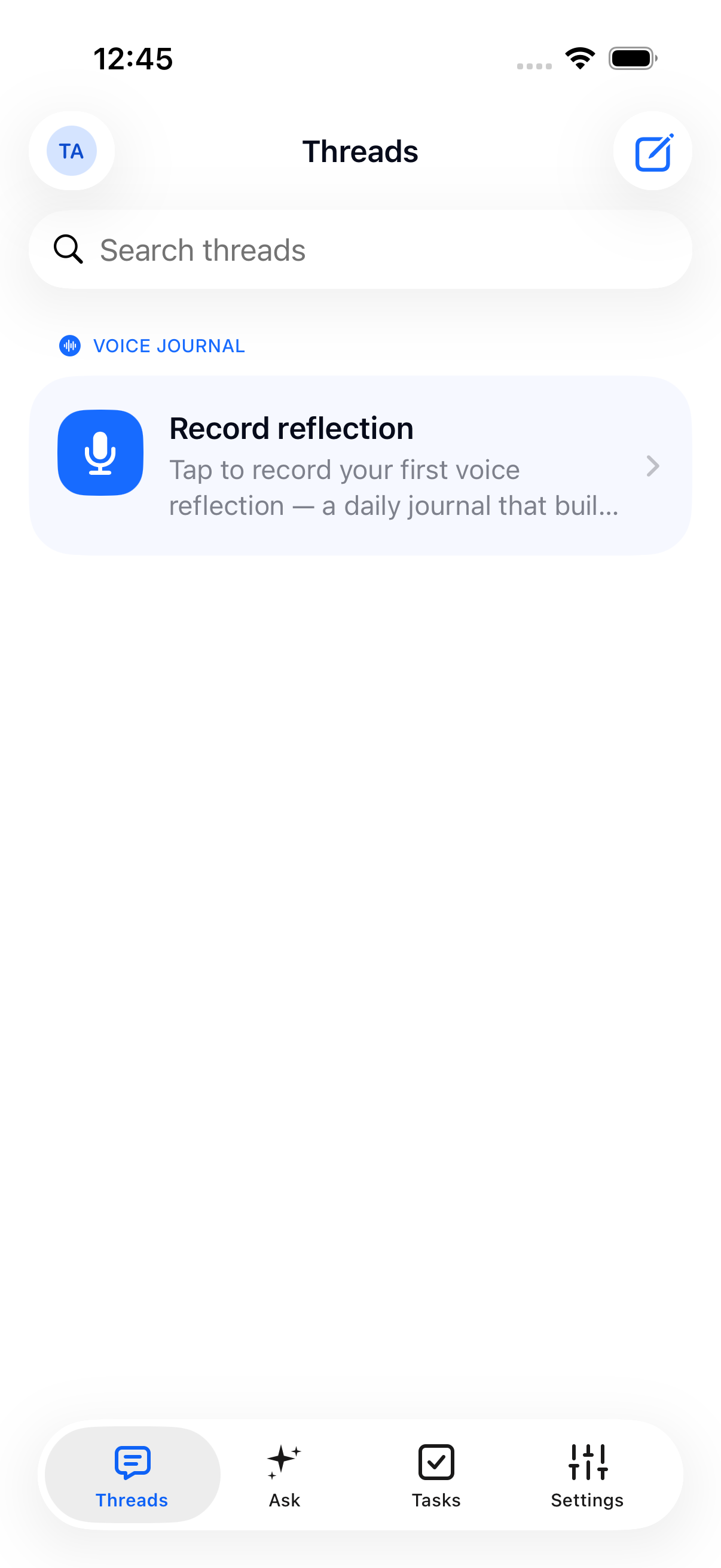 Actual iOS capture: The first-sign-in Threads screen, with an entry to your voice journal.