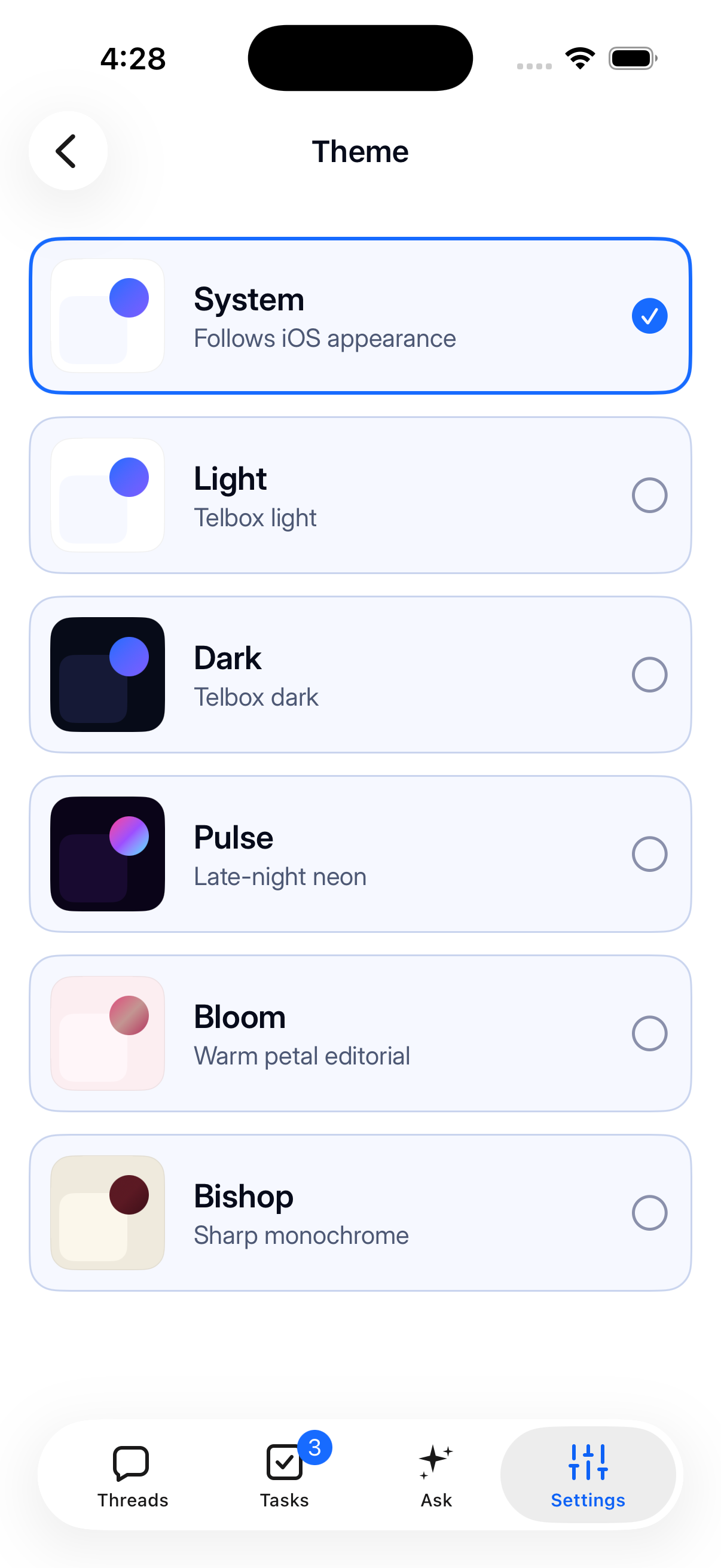 Actual iOS capture: The native theme picker: System, Light, Dark, Pulse, Bloom and Bishop.
